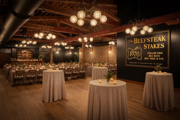 A dimply lit event space set up for a wedding. There are multiple tea candles placed on each table