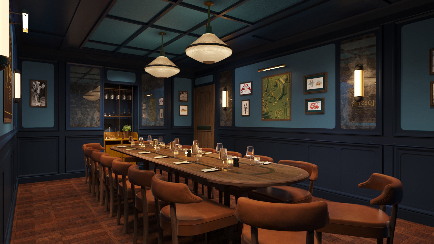A wide shot of Lobster private dining room with a handsome long dining table in the middle of the room