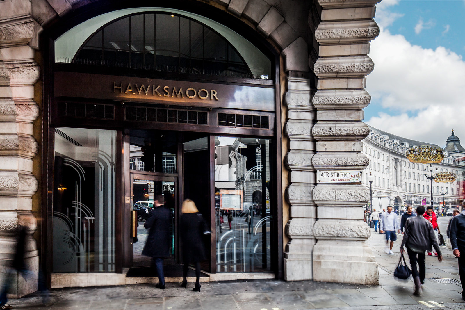 Hawksmoor Airt Street entrance - in an impresive historic building, with Regent street in the background