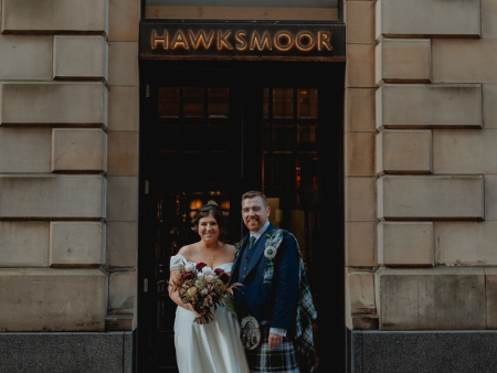 Weddings - Edinburgh 1 A newly wedded couple outside Hawksmoor Edinburgh steak restaurant
