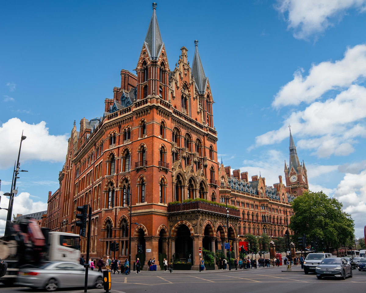 External shot of St Pancras building - gothic, red brick imposing structure