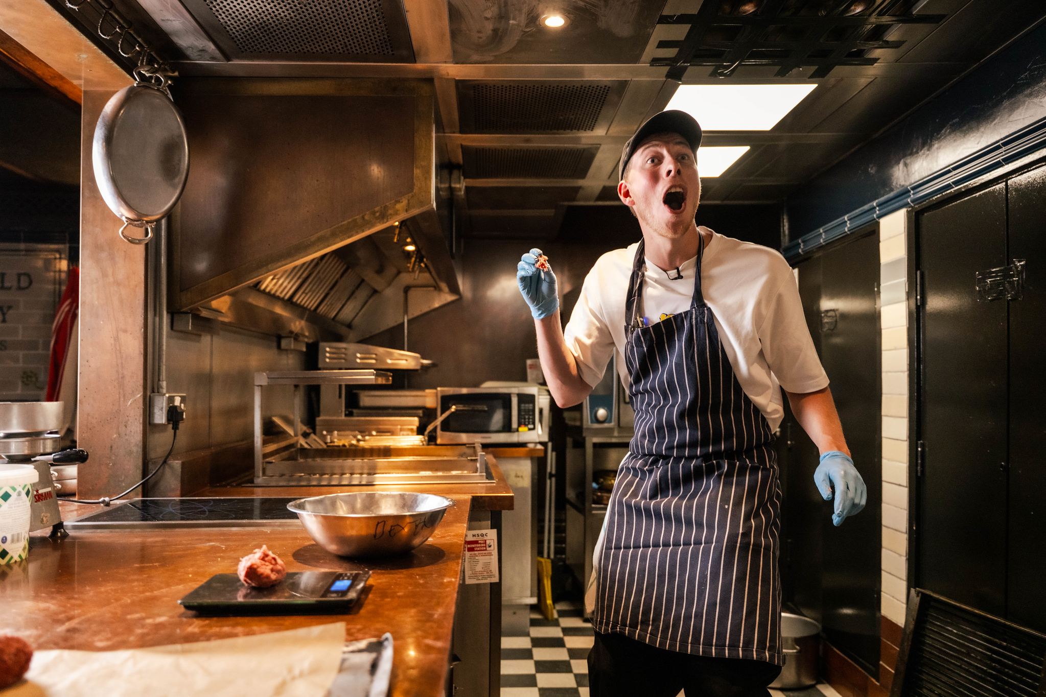 Calfreezy in the kicthen working with beef mince, excited and shouting out