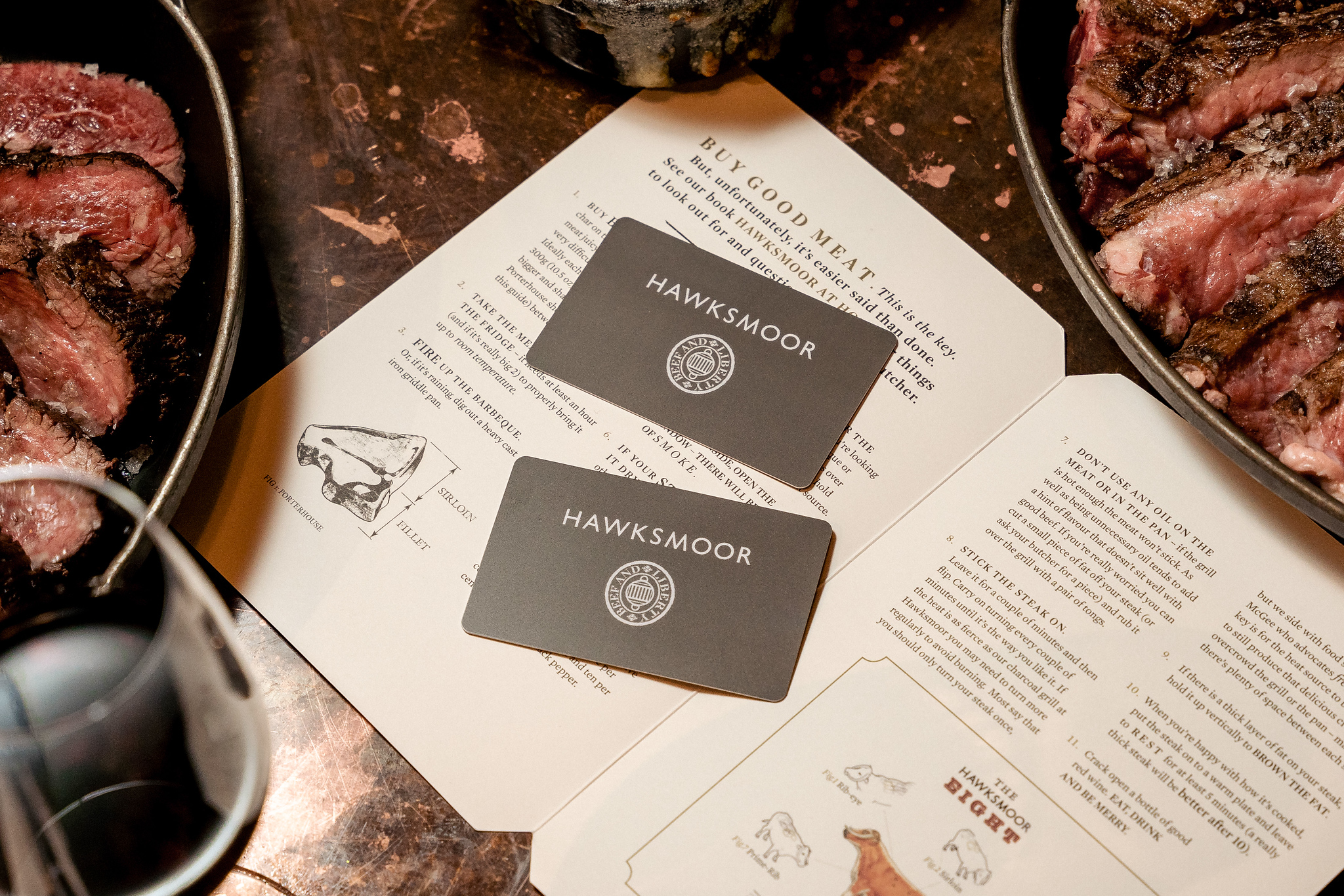 Two Hawksmoor gift cards on a page of an open Hawksmoor book, with some sharing steaks in the corners as the background